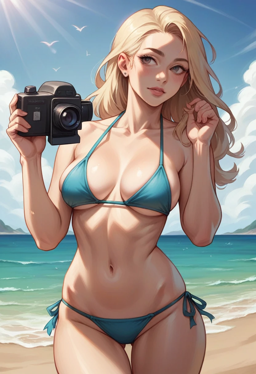 Sexy girl on the beach Brazilian bikini from behind looking away from the camera, realistic picture camera 4k 8k great loong breast sdxl