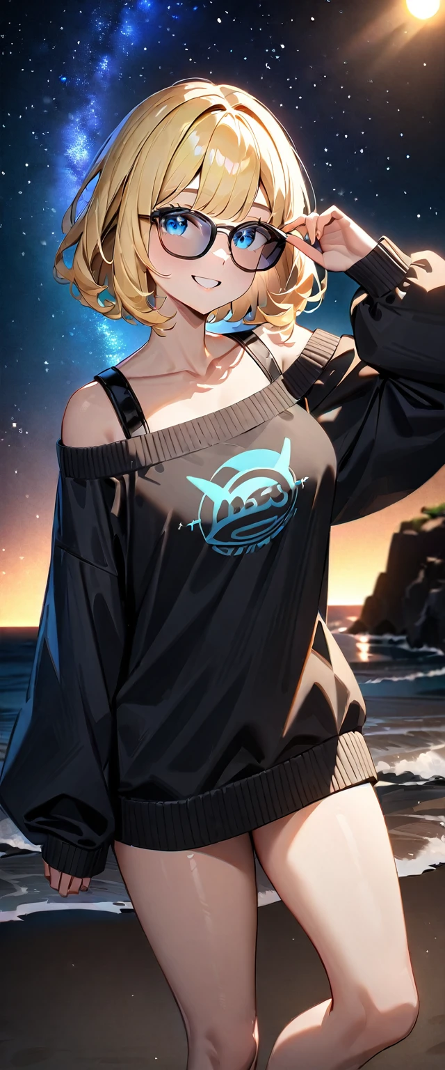 (((a starry sky, the Milky Way shining beautifully in the night))), ((bare legs)), (((sunglasses, hand to sunglasses))), (((cowboy shot))), ((wavy hair, inward curled hair)), ((sea, beach)), ((blond hair, bob cut:1.3)), breasts, teenager, (looking at viewer), oversized clothes, puffy long sleeves, ((off-shoulder sweater:1.3, Quite thick shoulder straps)), ((black sweater)), collarbone, head tilt:1.3, (((blue eyes))), ((happy smile)), (((anime style))), (best quality, 4K, 8K, highres, masterpiece:1.2, ultra-detailed, ultra-detailed eyes, HDR, uhd, studio lighting, ultra-fine painting, sharp focus, physically-based rendering, extreme detail description, professional, vivid colors, bokeh)