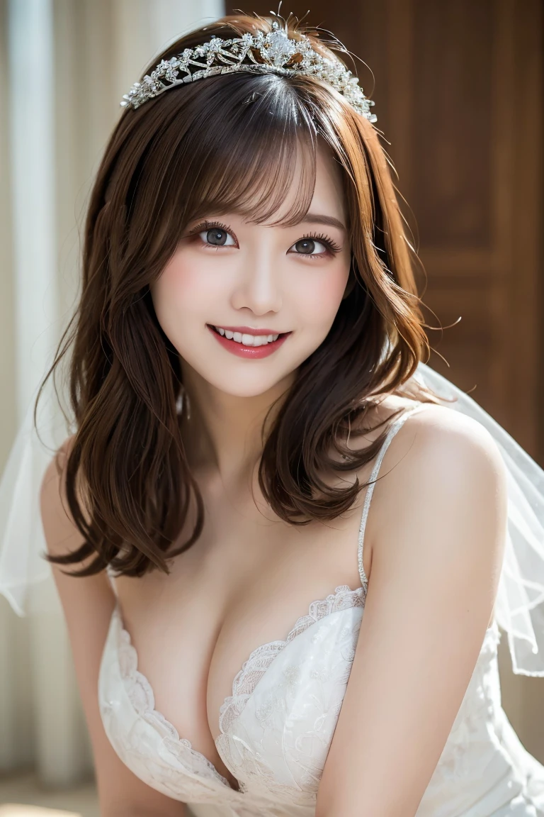 Pure white chapel, Highest quality, shape, Very detailed, In detail, High resolution, 8k wallpaper, Perfect dynamic composition, Beautiful details, Natural Lip, wedding dress with tiara , Big Breasts, Cleavage, She is smiling as she opens her legs in a sexy pose exposing her pussy.., A masterpiece of the whole body,