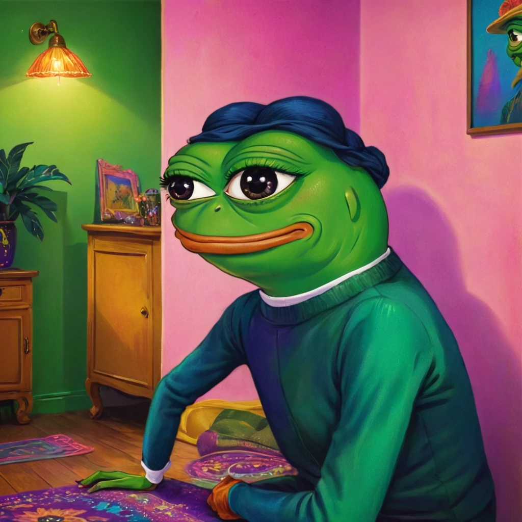 a pepe the frog 
colorful, quirky room, colorful and vibrant, making weird and funny memes, surrounded by meme-inspired decor, (best quality,4k,8k,highres,masterpiece:1.2),ultra-detailed,(realistic,photorealistic,photo-realistic:1.37),intricate details, hyperrealistic, 1girl, beautiful detailed eyes, beautiful detailed lips, extremely detailed eyes and face, long eyelashes, whimsical, fun, playful, quirky, vibrant colors, dynamic lighting, digital art, 2d illustration, bright and cheerful