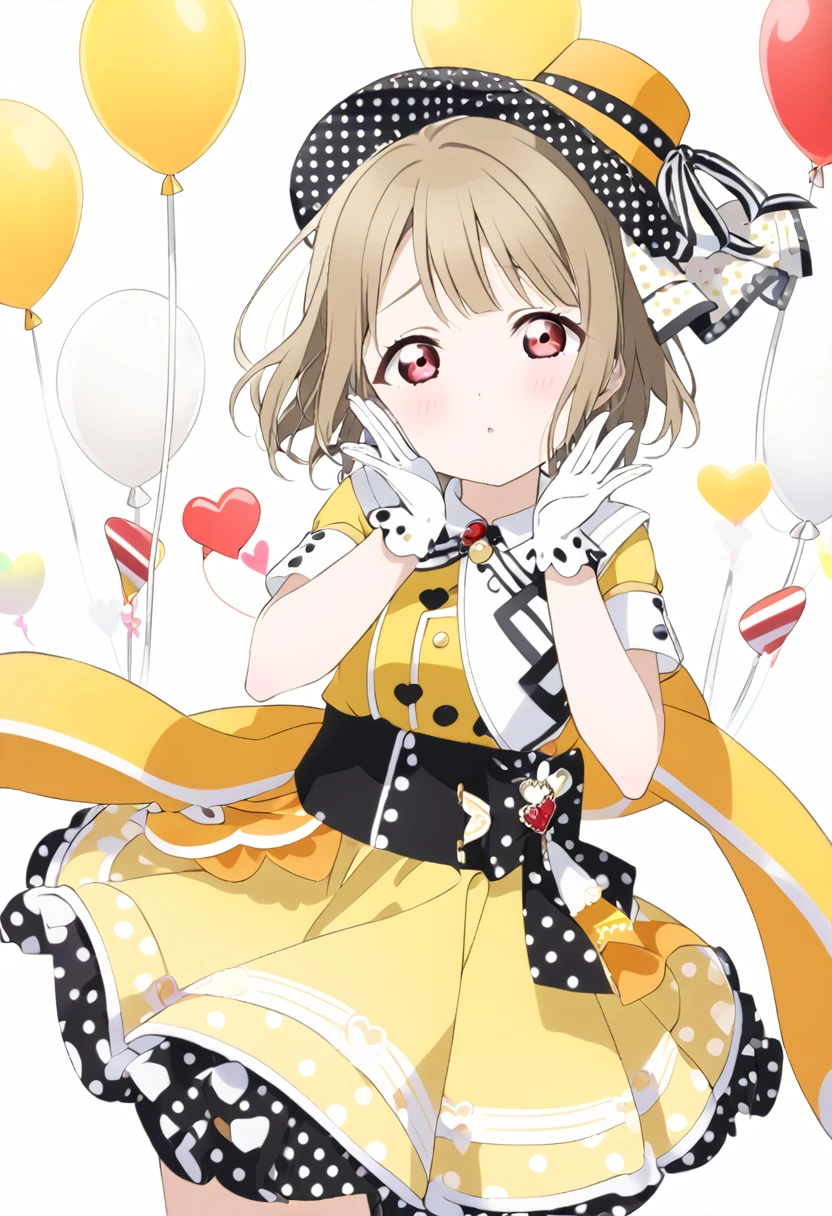 Kasumi Nakasu　lovelive　Yellow-brown hair　Very Short Hair　Short Bob　Straight Hair　Red Eye　Poppin'UP!　Yellow costume　Balloon Skirt　Black and white polka dot stripe on the hem of the skirt　Yellow Hat　Black and white polka dots on the lining of the hat　Big white ribbon　Jump　White gloves　Heart with both hands　White collar　French sleeve　Black Belt　Red Button　ponytail　Half Up