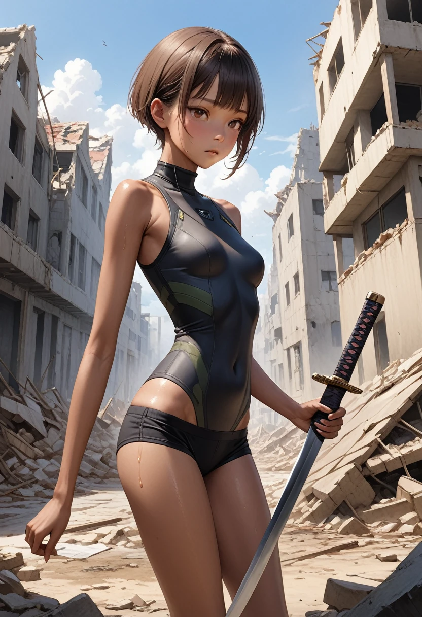 ((masterpiece,Highest quality:1.3,best quality illustration,realistic)),cowboy shot,1woman,20 year old Japanese beauty,Special Forces Female Soldier、((very small head:1.2)),brown short bob hair,bangs,brown eyes,gorgeous eyes,blush,small breasts,((very long body:1.2)),((toned body,slender body,skinny,tan skin)),(Black turtleneck、Short sleeve、Black tactical vest、Black shorts、Holding an accurately depicted Japanese sword),gleaming skin,shiny skin,sweat,standing,war、Collapsed building、ruins、