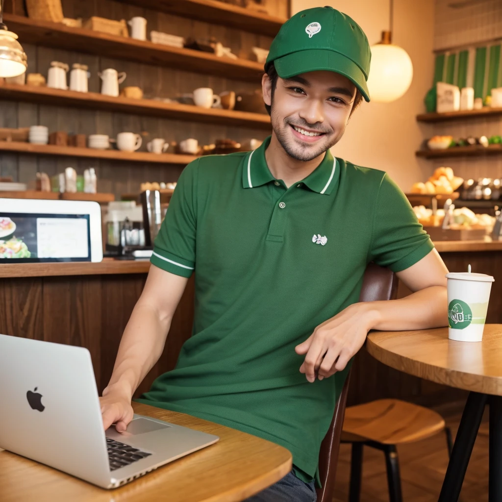 a man at a cozy cafe working, Apple laptop on cafe tabble, smile to camera, green polo shirt, wear hat