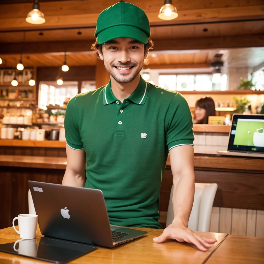 a man at a cozy cafe working, Apple laptop on cafe tabble, smile to camera, green polo shirt, wear hat