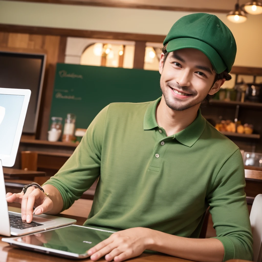 a man at a cozy cafe working, Apple laptop on cafe tabble, smile to camera, green polo shirt, wear hat