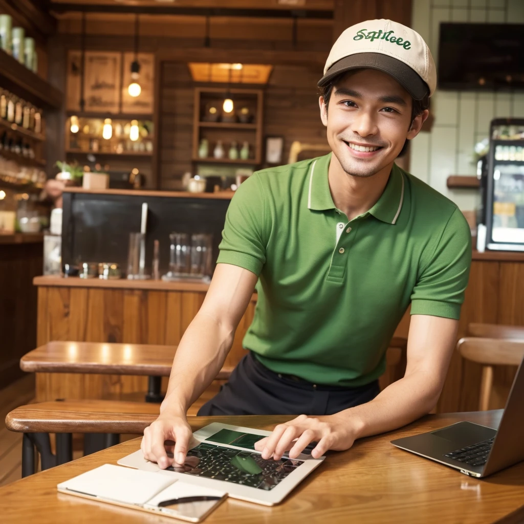 a man at a cozy cafe working, Apple laptop on cafe tabble, smile to camera, green polo shirt, wear hat