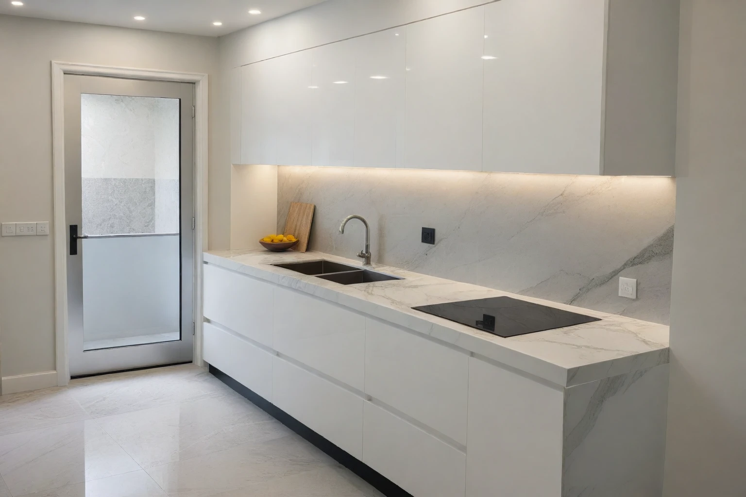 Raw photo,Masterpiece, high quality, best quality, authentic, super detail,
indoors, interior , ((kitchen and dining :1.3)), modern style, daylight, (WHITE WALL),luxury, marble tile floor, fridge, black stone counter top