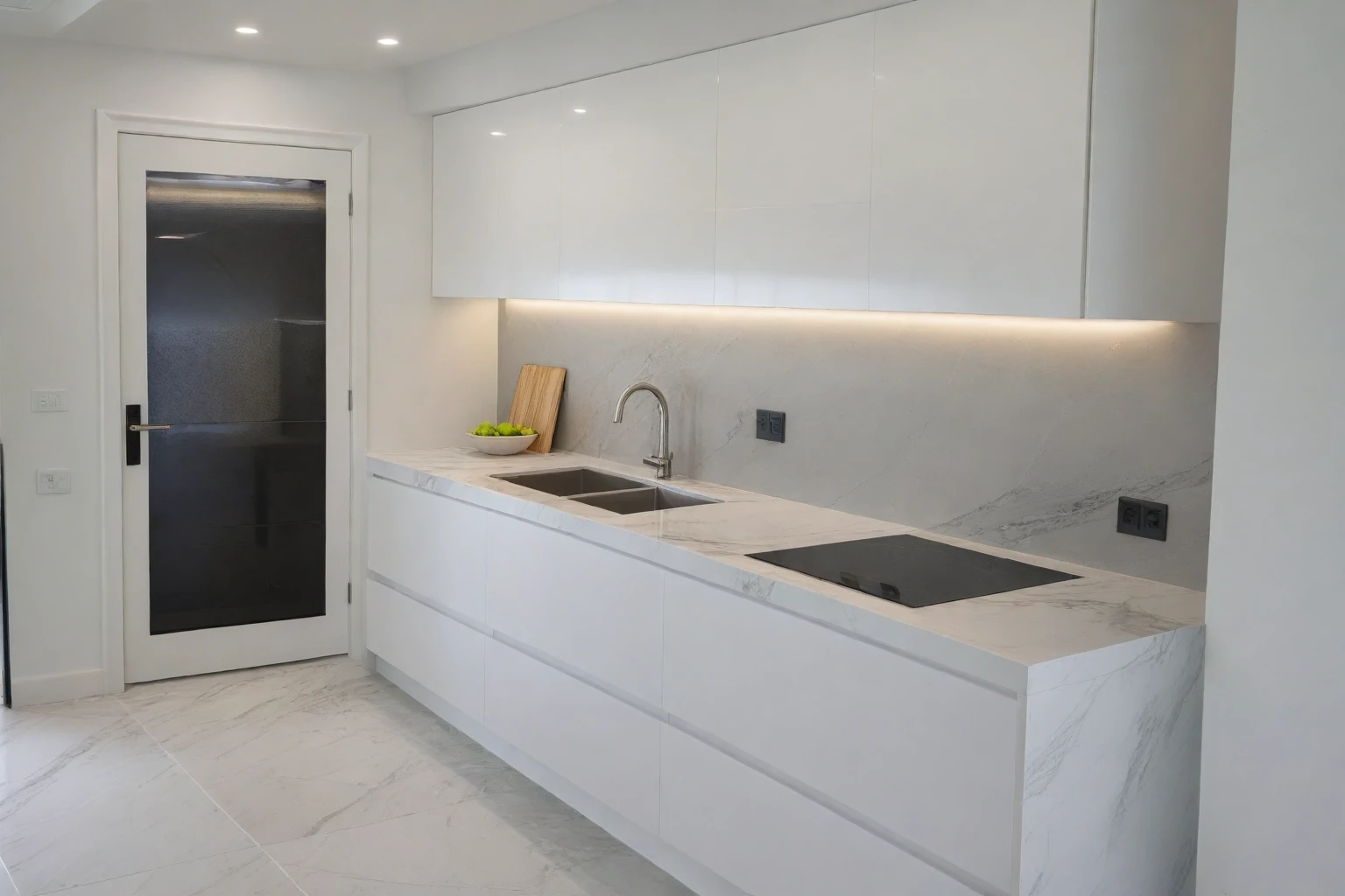 Raw photo,Masterpiece, high quality, best quality, authentic, super detail,
indoors, interior , ((kitchen and dining :1.3)), modern style, daylight, (WHITE WALL),luxury, marble tile floor, fridge, black stone counter top