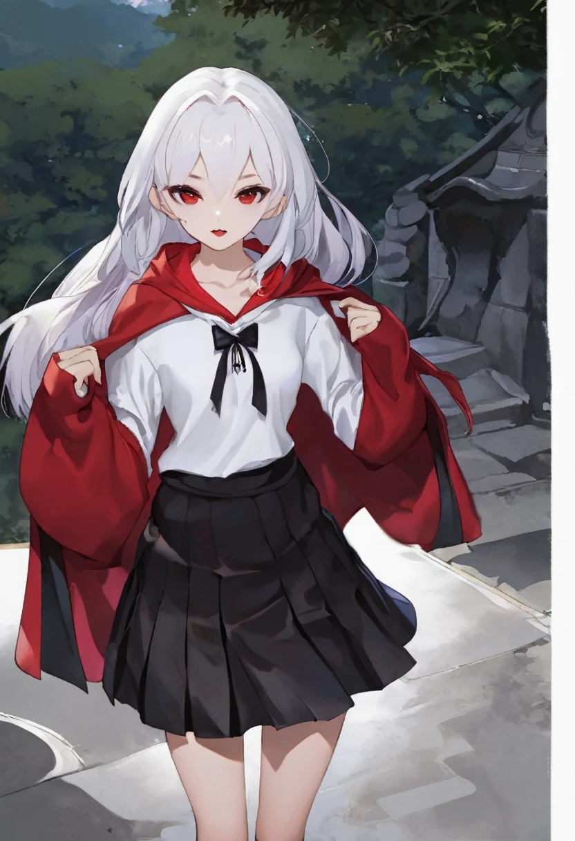 White shirt、Red hoodie、White Hair、Black Skirt、A  vampire girl with a single stray hair