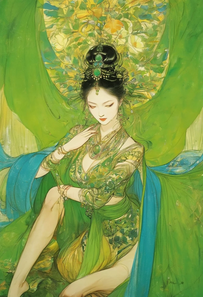 (masterpiece, best quality:1.2), Elegant girl, Striking pose, Exquisite detail features, Sharp eyes, Hooked nose, Sexy lips, Gorgeous clothing, Symmetrical composition, light, Dramatic chiaroscuro, Rich color palette, High contrast, The art of math, Reality，Xianxia，Anatomically correct:2，green，blue