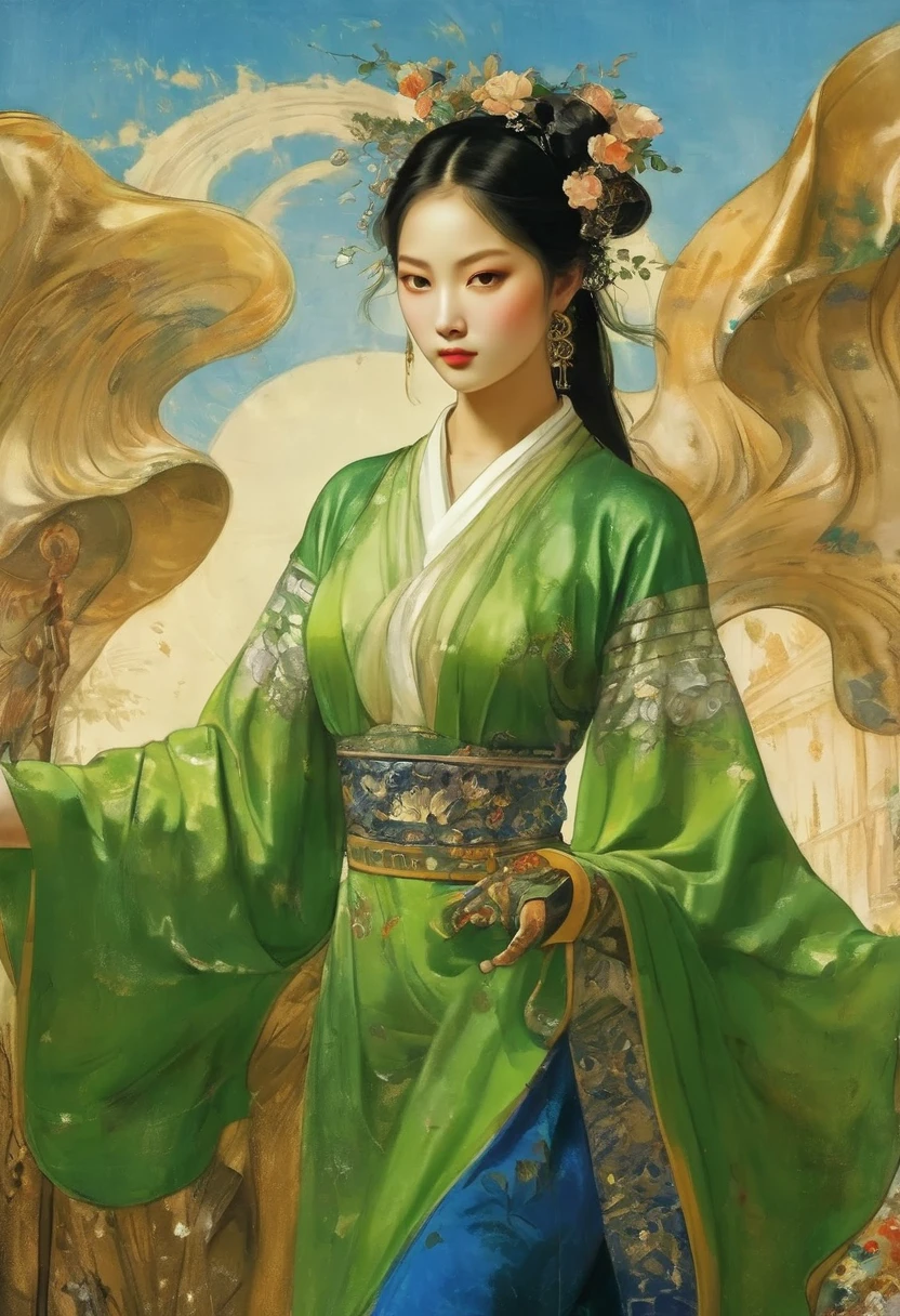 (masterpiece, best quality:1.2), Elegant girl, Striking pose, Exquisite detail features, Sharp eyes, Hooked nose, Sexy lips, Gorgeous clothing, Symmetrical composition, light, Dramatic chiaroscuro, Rich color palette, High contrast, The art of math, Reality，Xianxia，Anatomically correct:2，green，blue