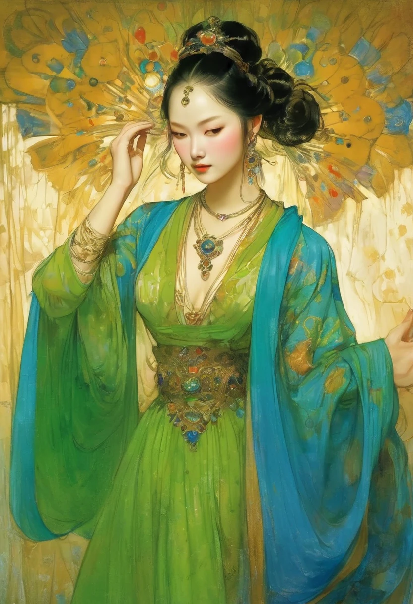 (masterpiece, best quality:1.2), Elegant girl, Striking pose, Exquisite detail features, Sharp eyes, Hooked nose, Sexy lips, Gorgeous clothing, Symmetrical composition, light, Dramatic chiaroscuro, Rich color palette, High contrast, The art of math, Reality,Xianxia,Anatomically correct:2,green,blue