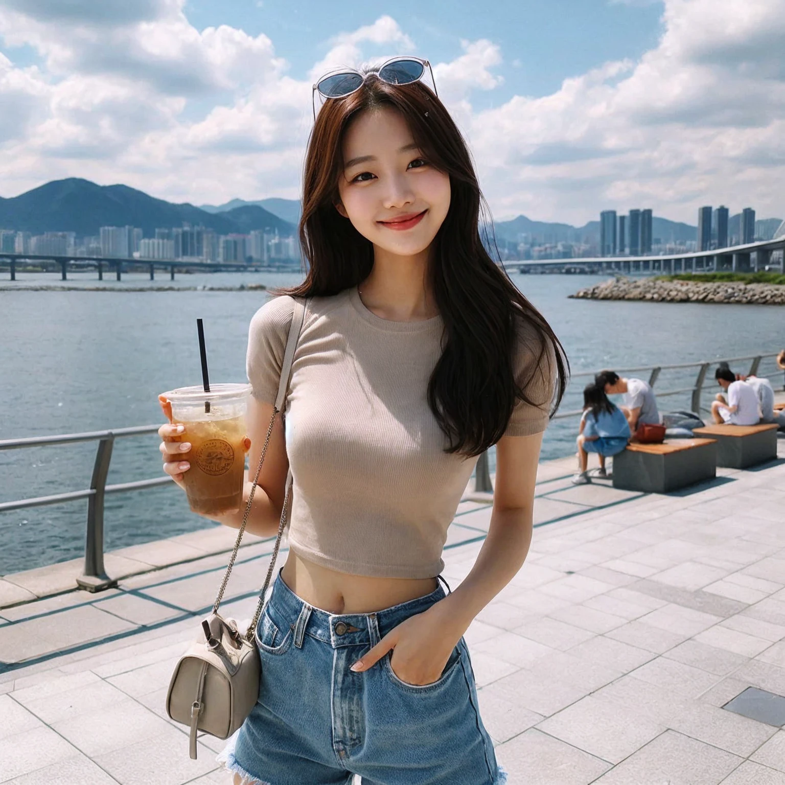 A young korean woman enjoys a sunny day by the waterfront, standing on a paved area with a scenic view of the city skyline and mountains in the background. She wears a light beige fitted T-shirt and denim shorts, accessorized with a small shoulder bag and sunglasses perched on her head. She holds a drink with a straw, smiling warmly at the camera. The sky is dotted with fluffy clouds, and the bright, clear weather adds to the cheerful and relaxed atmosphere of the scene.