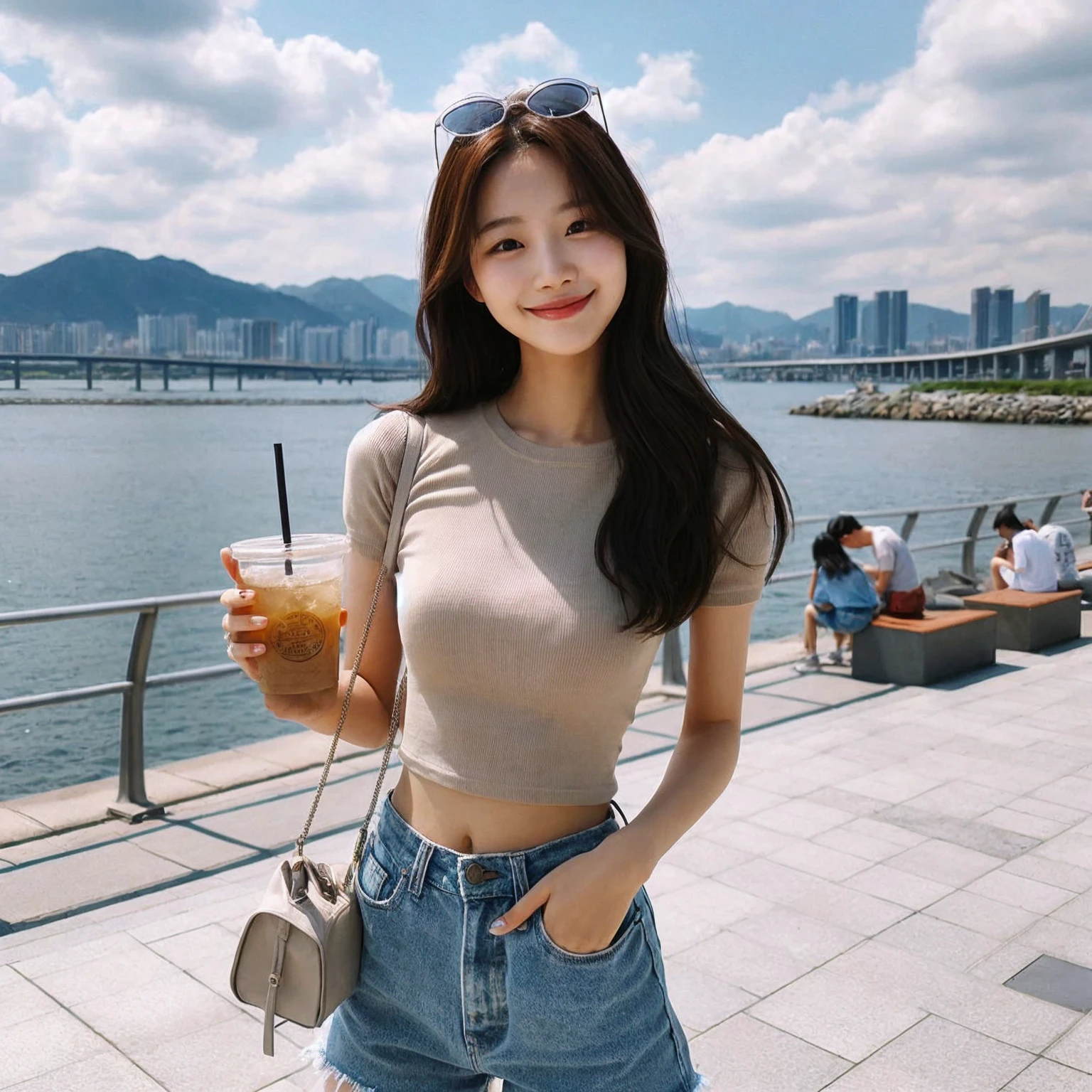A young korean woman enjoys a sunny day by the waterfront, standing on a paved area with a scenic view of the city skyline and mountains in the background. She wears a light beige fitted T-shirt and denim shorts, accessorized with a small shoulder bag and sunglasses perched on her head. She holds a drink with a straw, smiling warmly at the camera. The sky is dotted with fluffy clouds, and the bright, clear weather adds to the cheerful and relaxed atmosphere of the scene.