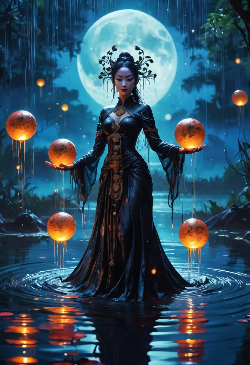 heavy rain,In the middle of the lake, Mysterious female black silhouette in the middle of the night, Surrounded by glowing spheres, Summoners dance to appease the spirits of the dead. Ceremonial canvas clothing. Sensual. Multiple magic arrays. Dynamic dance. Water Lily. Colorful palette.