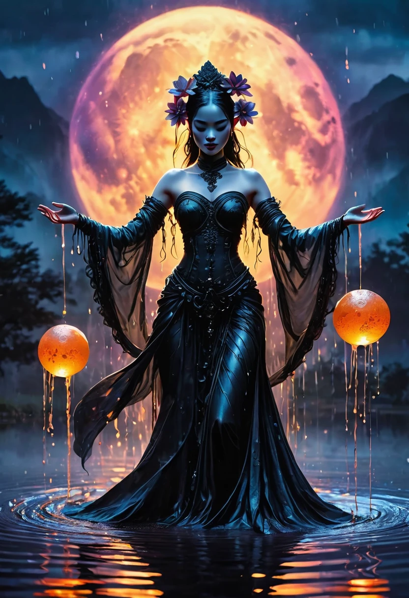 Prompt
masterful, hyper detailed, award winning photo, masterpiece, full body shot of a woman, blue crystal android Santa Muerte, ,xtremely smooth, fluid, light particles, dreamy, smooth, shimmering, dreamy glow, conceptual art by alberto seveso, anna dittmann, arthur rackham, harmonious color scheme, Wet black and orange color inks line art dreamy female portrait with lot of lace filigrees on black canvas illustration described in the perfect fractal style of Vassily Kandinsky, Jackson Pollock, Alphonse Mucha and Jeremy Mann, gold and black, lunar eclipse, wind,(sexy:1.2), Burning black roses,(wind:1.15),gold particle, Bleeding Roses