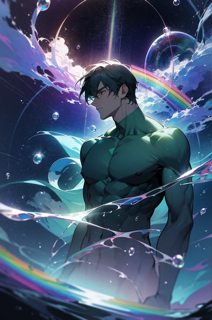 masterpiece, best quality, 1 male, adult, mature, tall muscular guy, Dark theme, Magic circle, bubble, rainbow Sunlight, Underwater, Reflected mirror, floating piece of Glass, Rainbow light, Bubble Swirling, wind Swirling, Aurora, fantasy scenery, Starlight around the character, (upper body)