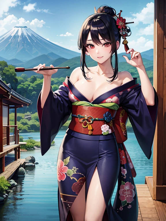 (Highest quality、masterpiece、High resolution、8K)、Vibrant colors、Ukiyo-e、Utamaro、Kimono Beauty、river、Mount Fuji in the distance、Japanese Landscape、Official Art、