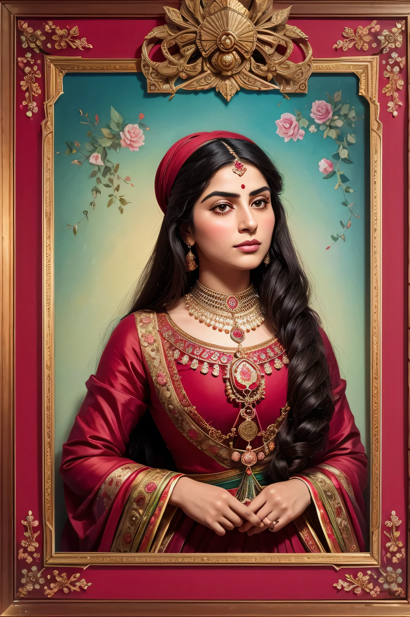 Persian woman from the Qajar period , in red-pink traditional clothes , the background contains a painting of a nightingale among pink flowers and peonies, floral frame , ((perfect rectangular frame))