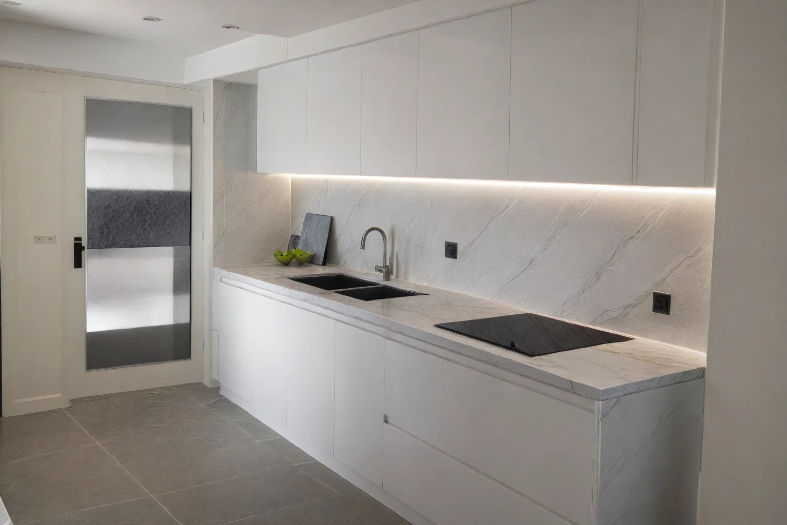 Raw photo,Masterpiece, high quality, best quality, authentic, super detail,
indoors, interior , ((kitchen and dining :1.3)), modern style, daylight, (WHITE WALL),luxury, marble tile floor, fridge, black stone counter top