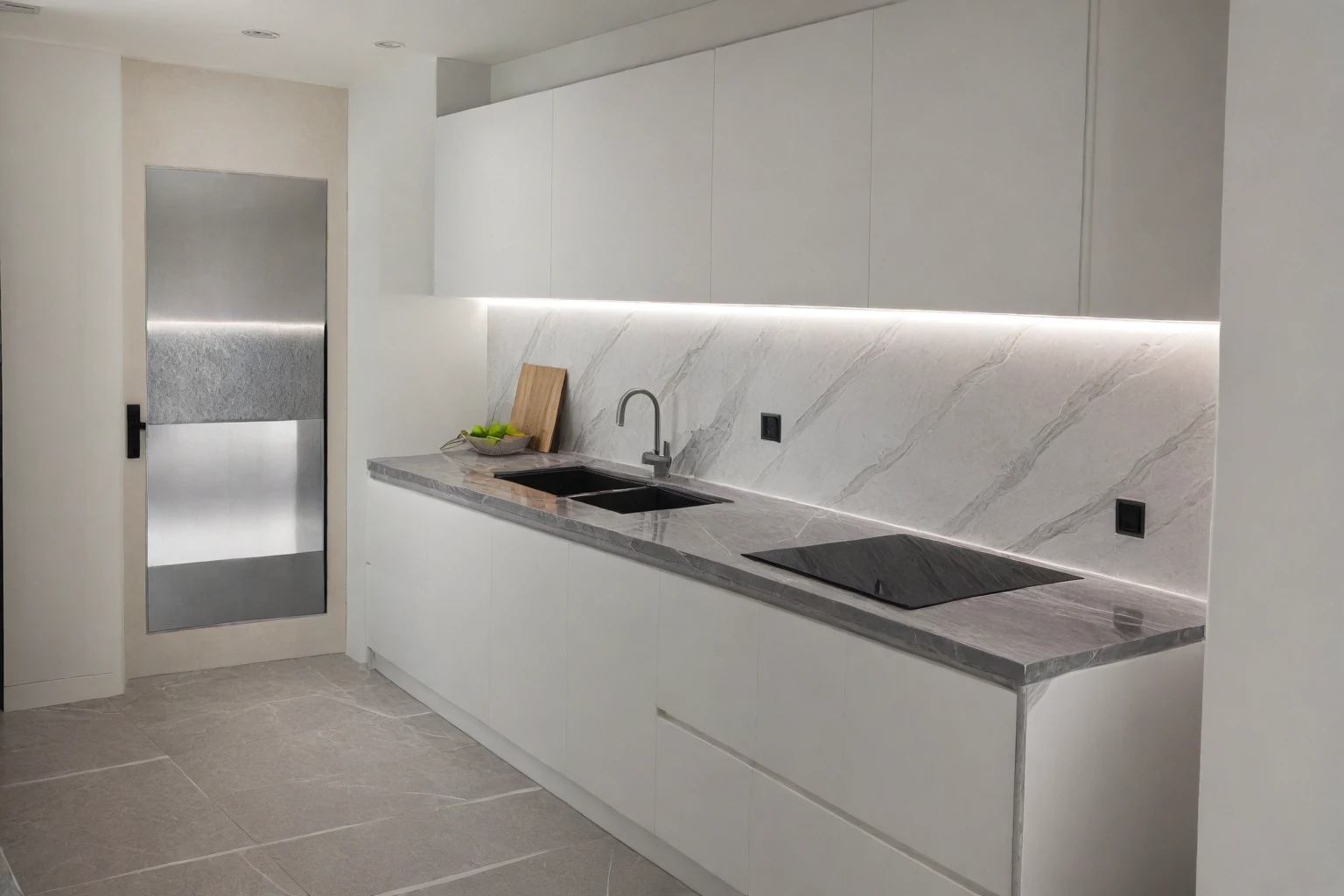 Raw photo,Masterpiece, high quality, best quality, authentic, super detail,
indoors, interior , ((kitchen and dining :1.3)), modern style, daylight, (WHITE WALL),luxury, marble tile floor, fridge, black stone counter top