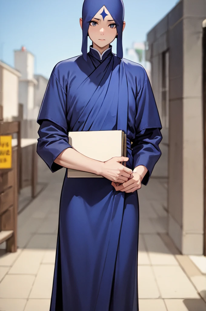 Blue monk's robe, long black hair, Bodhisattva's crown, heterochromatic eyes, girl