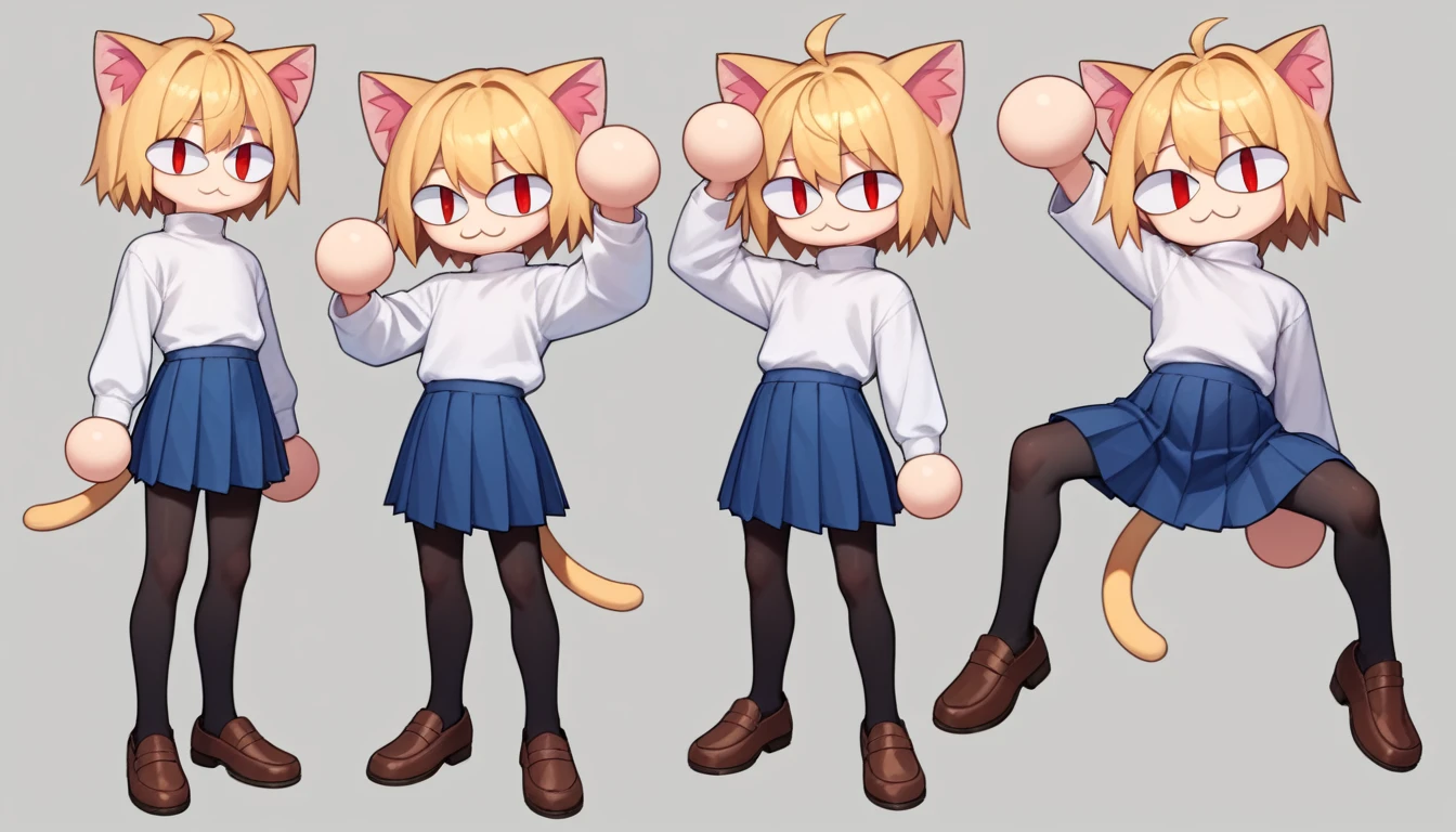 score_9, score_8_up, score_7_up, score_6_up, score_5_up, score_4_up, BREAK, 1boy, solo, necoarc, lit pupils, cat ears, blonde hair, red eyes, :3, turtleneck, blue skirt, pleated skirt, pantyhose, brown footwear, femboy, (dynamic poses)