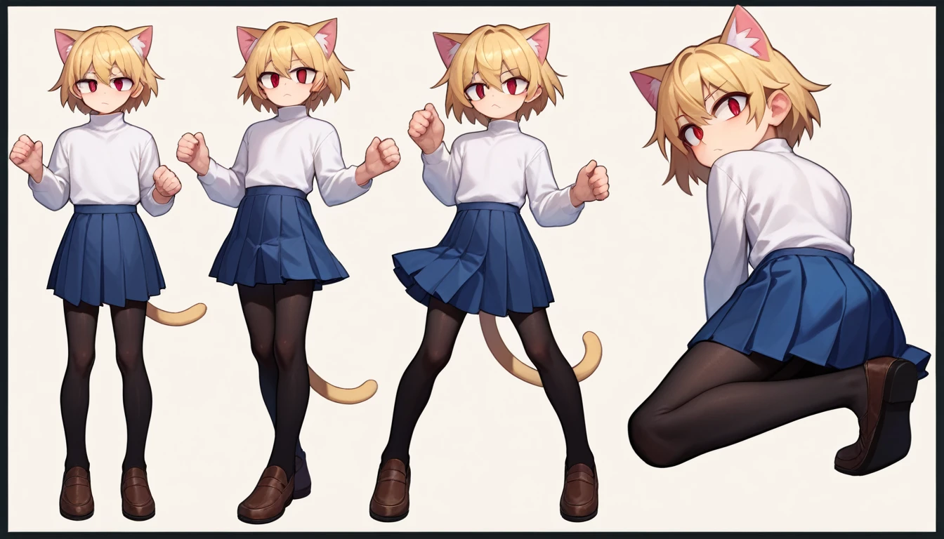 score_9, score_8_up, score_7_up, score_6_up, score_5_up, score_4_up, BREAK, 1boy, solo, necoarc, lit pupils, cat ears, blonde hair, red eyes, :3, turtleneck, blue skirt, pleated skirt, pantyhose, brown footwear, femboy, (dynamic poses)