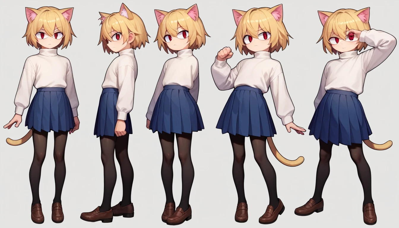 score_9, score_8_up, score_7_up, score_6_up, score_5_up, score_4_up, BREAK, 1boy, solo, necoarc, lit pupils, cat ears, blonde hair, red eyes, :3, turtleneck, blue skirt, pleated skirt, pantyhose, brown footwear, femboy, (dynamic poses)