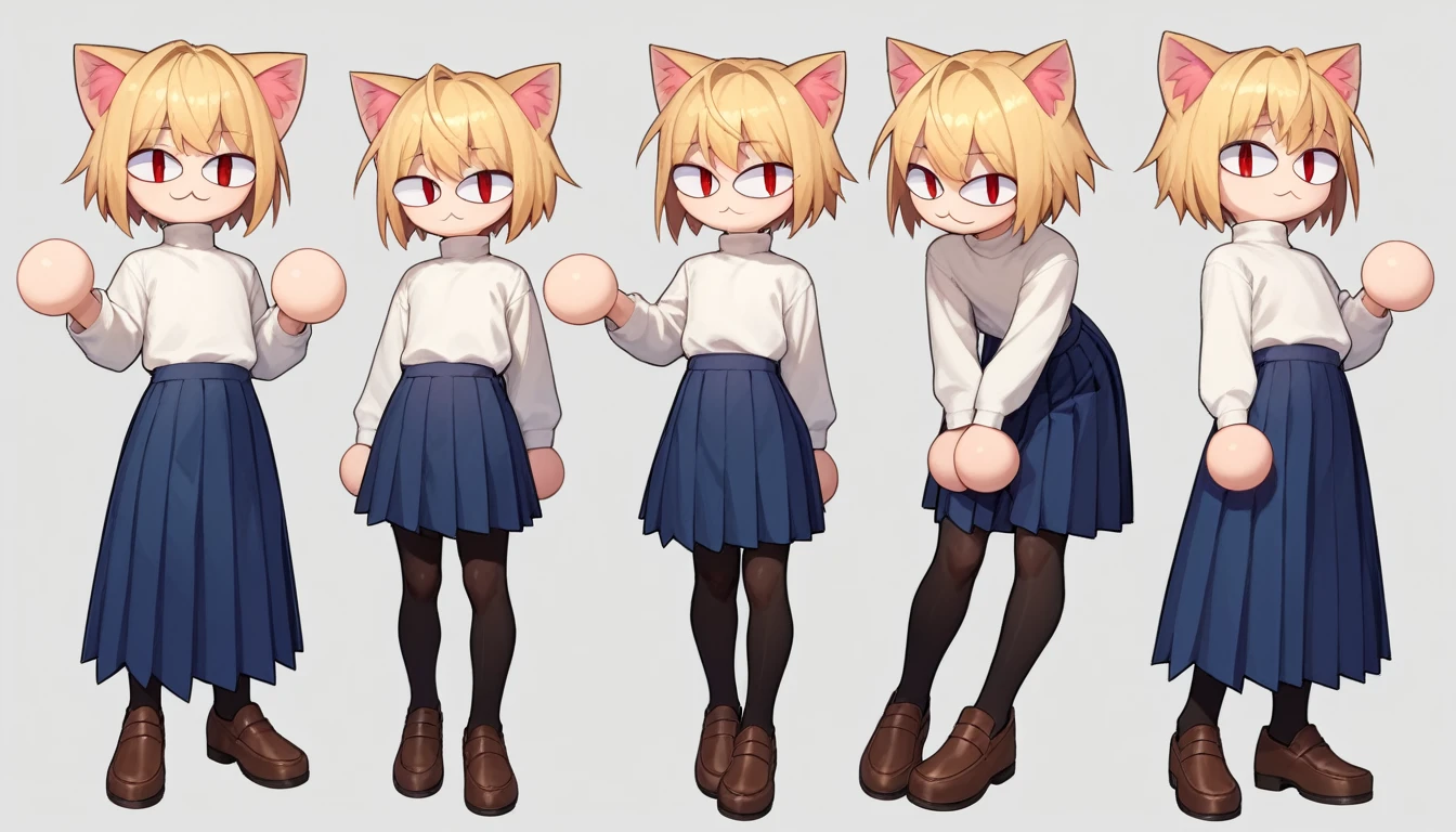 score_9, score_8_up, score_7_up, score_6_up, score_5_up, score_4_up, BREAK, 1boy, solo, necoarc, lit pupils, cat ears, blonde hair, red eyes, :3, turtleneck, blue skirt, pleated skirt, pantyhose, brown footwear, femboy, (dynamic poses)