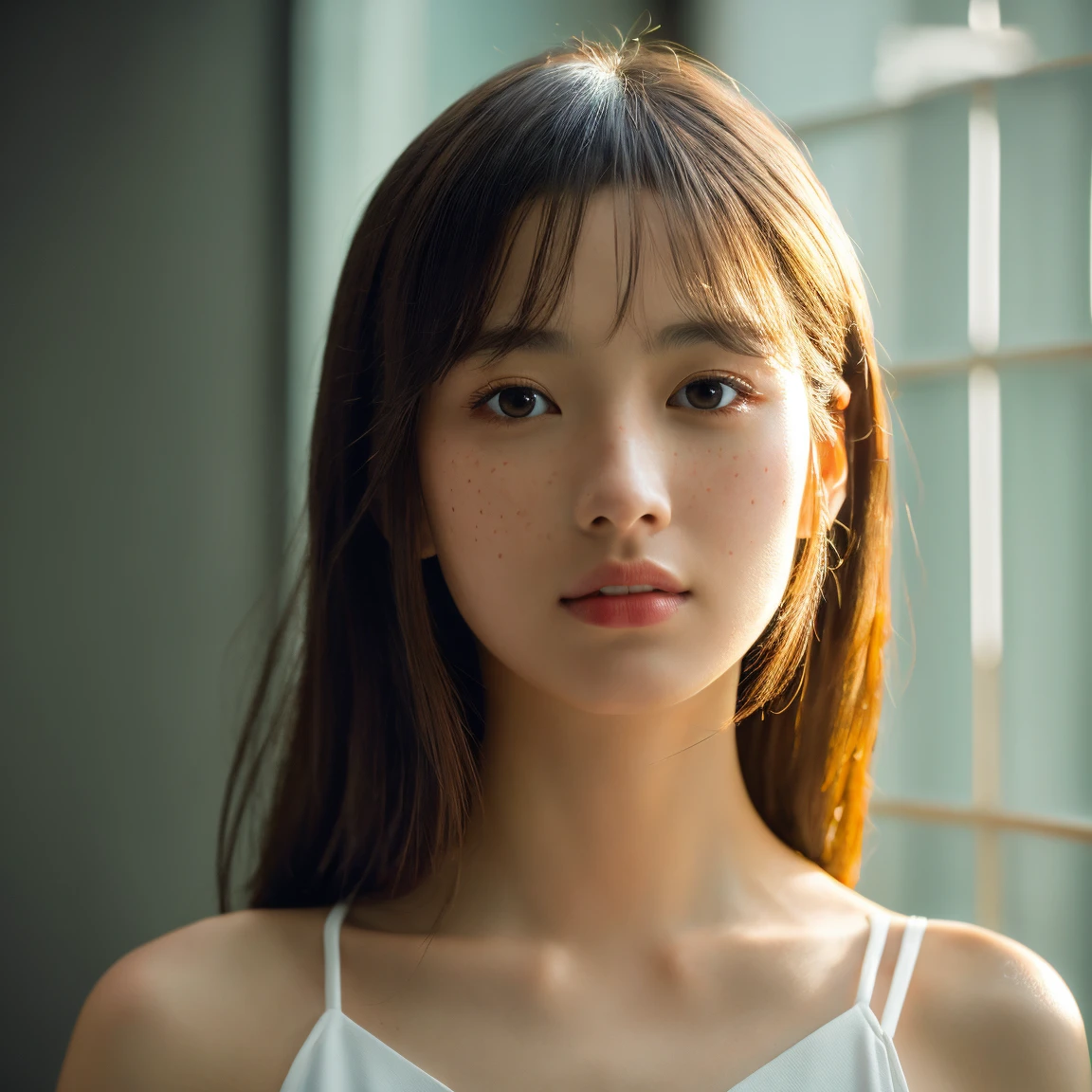 beautiful japanese princess teen girl, under 17 year's old, cute, sweet, gorgious, wearing tanktop, translucent white skin, long hair, Ultra realistic Photography, trending on Flickr, trending on pinterest, insanely detailed and intricate, Lifelike, Authentic, True-to-life, Genuine, Natural, Cinematic Lighting, Dramatic, Theatrical, Atmospheric, Evocative, Mood-setting, Award Winning Photography, Acclaimed, Recognized, Celebrated, Honored, Prize-winning, Sharp Focus, Crisp, Clear, Precise, Well-defined, Distinct, Masterpiece Photography, Iconic, Exceptional, Extraordinary, Stunning, Magnificent, Studio Photography, Controlled, Polished, Professional, Refined, Perfected, Nikon, High-quality, Reliable, Durable, Precision-engineered, Cutting-edge, No Filter Photography, Natural-looking, Unedited, Raw, Authentic, True-to-life, 8K Photography, High-resolution, Crystal-clear, Ultra-detailed, Immersive, Cutting-edge, Realistic Skin Texture, Lifelike, Natural-looking, Authentic, True-to-life, Genuine, Photorealistic, Hyper-realistic, True-to-life, Natural-looking, Authentic, Realistic, Hyper Realism, Ultra-detailed, Intensely realistic, Extremely lifelike, Highly precise, Stunningly accurate, Highly Detailed, Intricate, Elaborate, Meticulous, Comprehensive, Thorough, Flattering, Intimate, Personal, Impressive, Captivating, Expertly lit, Skillfully crafted, Perfectly balanced, Impeccably executed, Artfully arranged, Million dollar Photoshoot, Memorable, light freckless, facing forward, closeup
