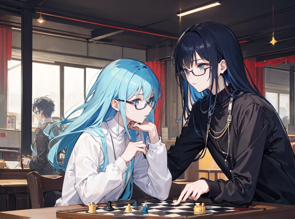 Two men(Androgynous male with long blue hair Black-haired man wearing glasses) From the side, sitting across chessboard, (Facing each other), ,(Masterpiece Top quality) 29-year-old