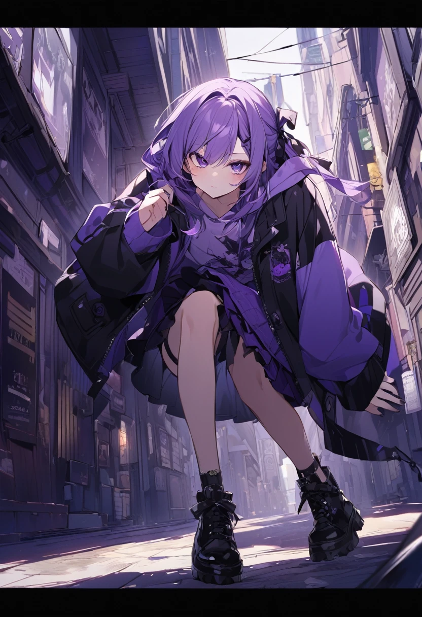 Keito。Purple Eyes。Purple Hair。Purple Skirt。Black shoes下。Black shoes。Purple hoodie