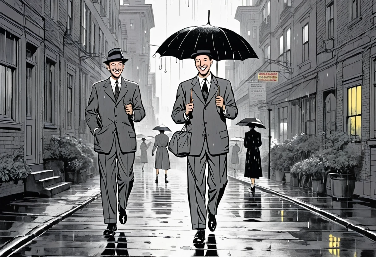 ((A big smile_Black Umbrella＿Grey Hat_Grey suit＿A man tap dancing in the rain on a rainy night))、1952 American musical film_sauce、