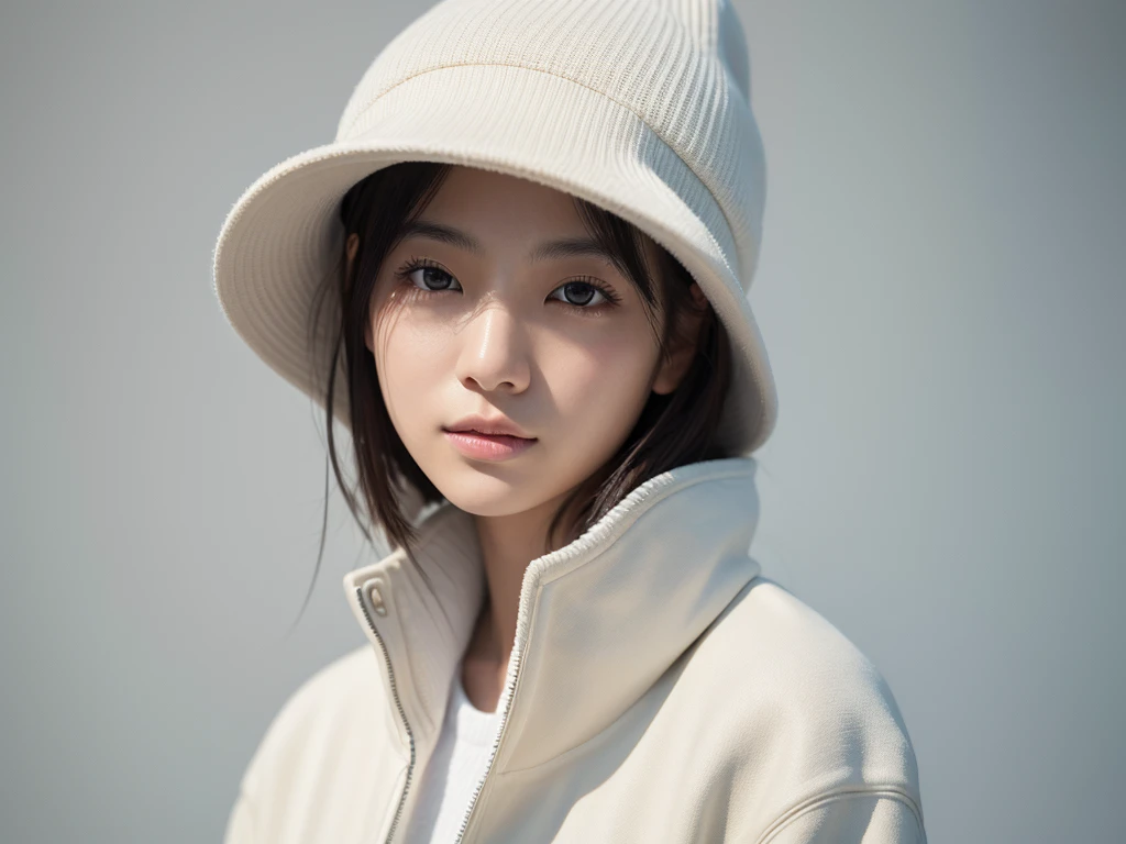 Hyperrealistic portrait of a young Japanese woman in her early 20s, (8k resolution:1.2), (photorealistic:1.3), (ultra-detailed:1.2), perfect facial features, all upper body, flawless skin, natural makeup, short straight hair, wearing a white knit hat and a white jacket, standing indoors against a simple background, soft natural lighting, shallow depth of field, shot on Canon EOS R5, 85mm f/1.4 lens, magazine cover quality, minimalist fashion editorial style, neutral colors, high contrast, sharp focus on eyes, elegant and relaxed expression, high-end production value, retouched by industry professionals, lifelike textures, natural skin tones, perfect composition, model-like proportions, commercial appeal.