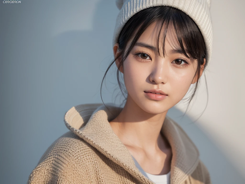 Hyperrealistic portrait of a young Japanese woman in her early 20s, (8k resolution:1.2), (photorealistic:1.3), (ultra-detailed:1.2), perfect facial features, all upper body, flawless skin, natural makeup, short straight hair, wearing a white knit hat and a white jacket, standing indoors against a simple background, soft natural lighting, shallow depth of field, shot on Canon EOS R5, 85mm f/1.4 lens, magazine cover quality, minimalist fashion editorial style, neutral colors, high contrast, sharp focus on eyes, elegant and relaxed expression, high-end production value, retouched by industry professionals, lifelike textures, natural skin tones, perfect composition, model-like proportions, commercial appeal.