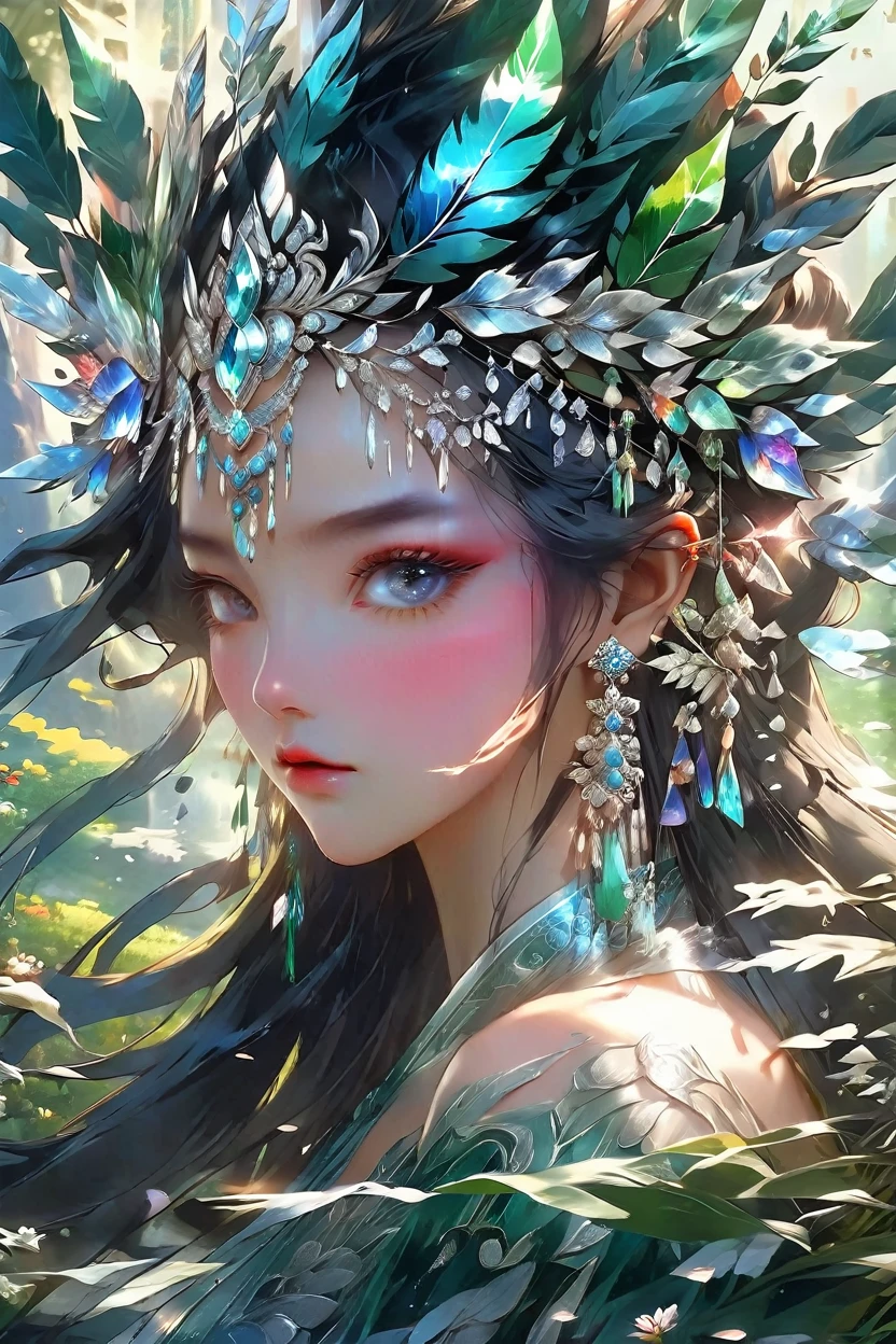 a beautiful nature goddess woman, elaborate crystal and foliage dress flowing gracefully, crystal shard embellishments, floral and leaf woven hair, holding crystal and leaf scepter, lush green meadow background, natural elegant aesthetic, masterpiece, highly detailed, photorealistic, 8k, award winning, cinematic lighting, hyper detailed, intricate, striking composition, vivid colors, fantasy, ethereal, environmental portrait