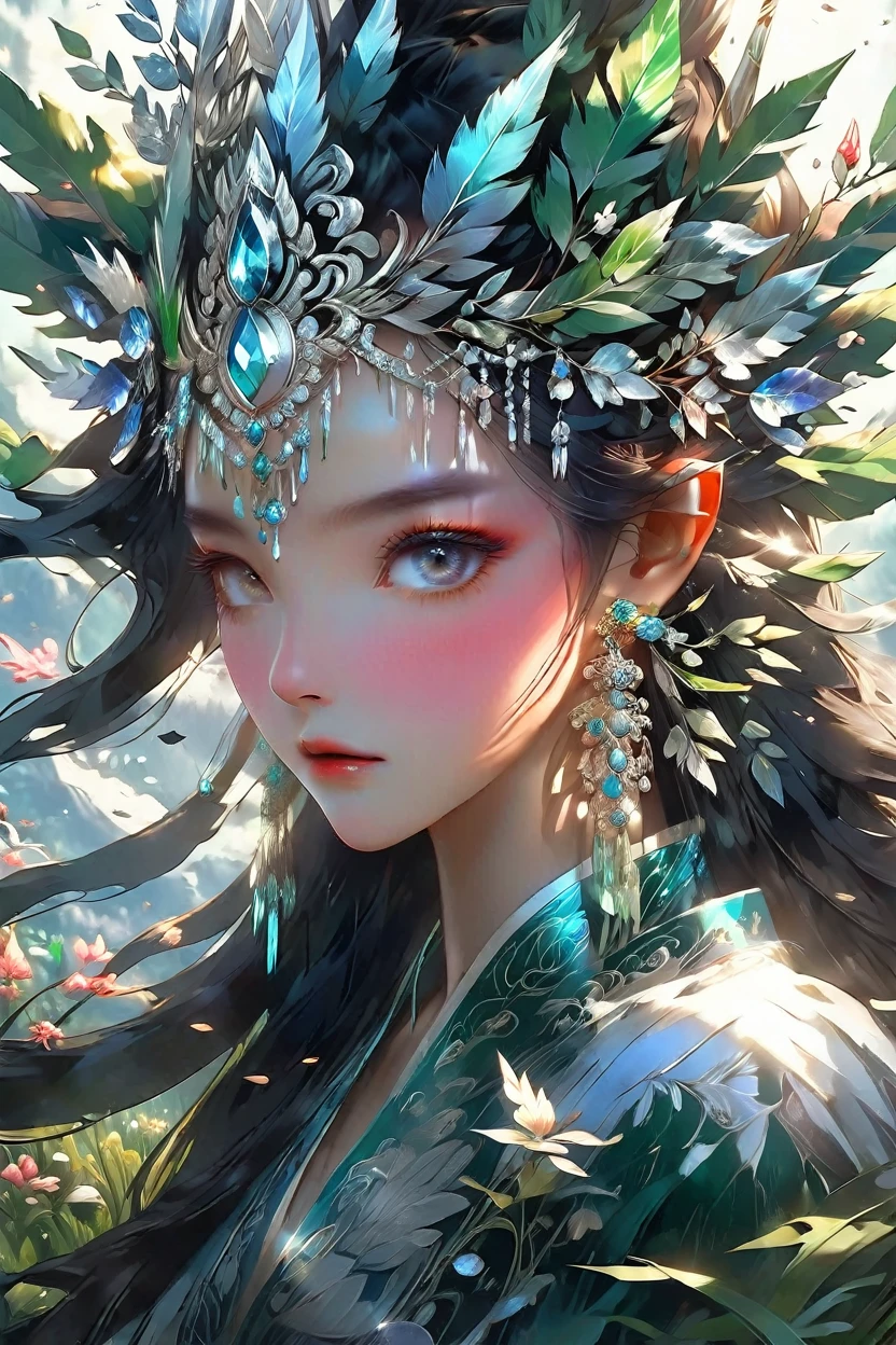 a beautiful nature goddess woman, elaborate crystal and foliage dress flowing gracefully, crystal shard embellishments, floral and leaf woven hair, holding crystal and leaf scepter, lush green meadow background, natural elegant aesthetic, masterpiece, highly detailed, photorealistic, 8k, award winning, cinematic lighting, hyper detailed, intricate, striking composition, vivid colors, fantasy, ethereal, environmental portrait