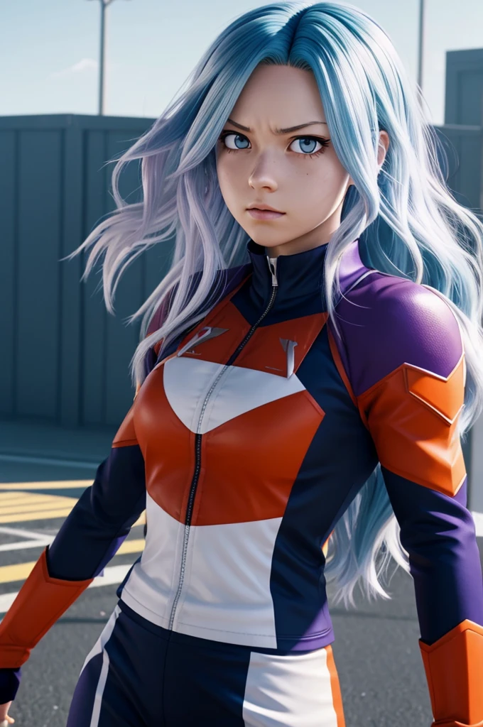 My Hero Academia Screenshot of a White Test Girl, long wavy blue hair and slanted violet eyes, What does a black hereo suit wear with red and orange details?, fighting katsuki bakugou