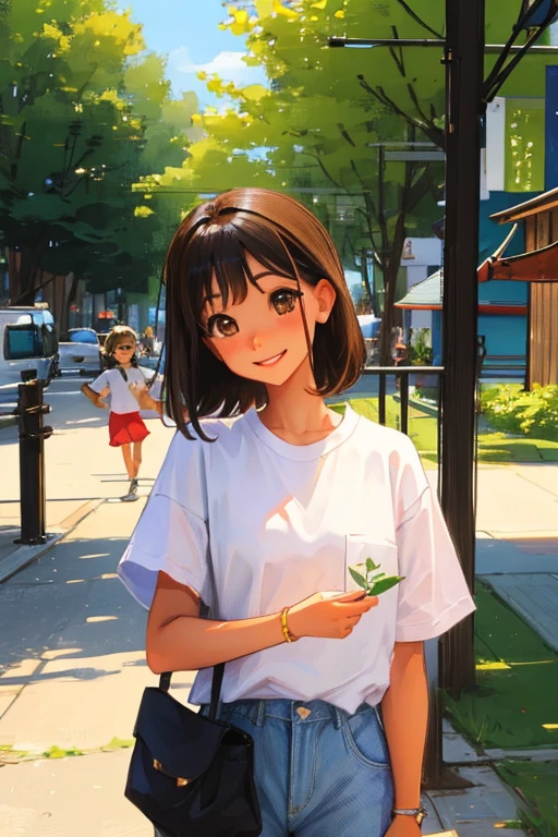 Holding a cute Italian Greyhound、Japanese girl、Girl in white T-shirt、A happy smile、Park Background