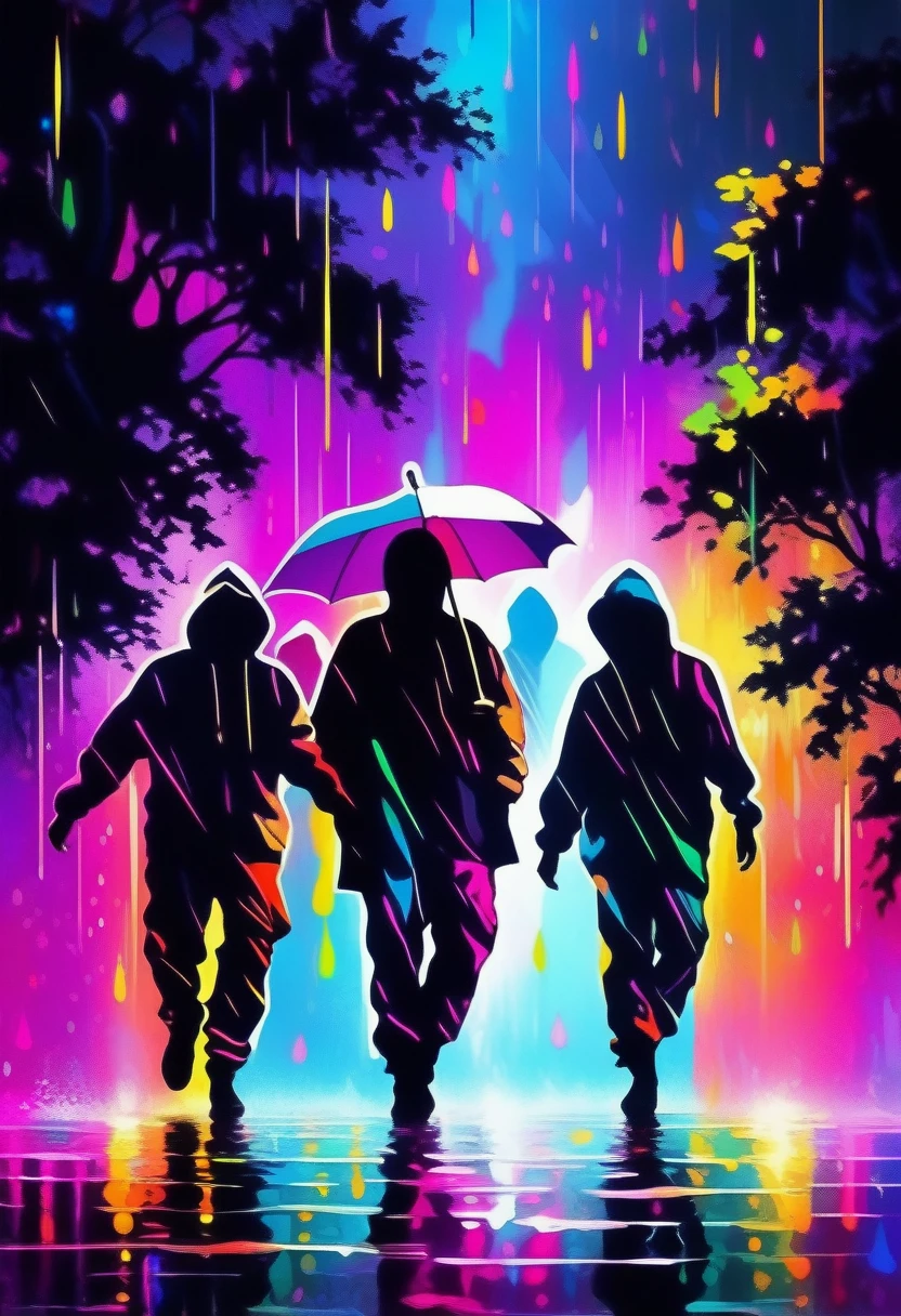 ((Masterpiece)), ((Best Quality)), (Very Detailed), ((Very Detailed)), 4K, (8K), very aesthetic, absurdres highres, A scene in which street dancers dance in the rain pouring down in the forest. Colorful silhouettes float among the trees, and rain drops fall on the leaves. The flow of the dancers' movements and the outline of their silhouettes are clearly depicted in detail.