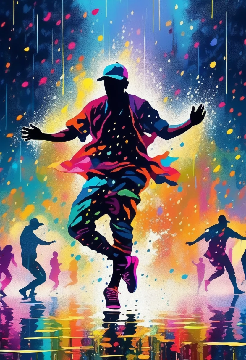 ((Masterpiece)), ((Best Quality)), (Very Detailed), ((Very Detailed)), 4K, (8K), very aesthetic, absurdres highres, A scene in which street dancers dance in the rain pouring down in the forest. Colorful silhouettes float among the trees, and rain drops fall on the leaves. The flow of the dancers' movements and the outline of their silhouettes are clearly depicted in detail.
