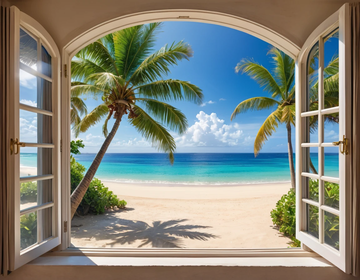 Looking out the open window,View of the palm-lined beach, There is a window facing the sea, Overlooking the beach, beautiful scenery, Paradise in the background, Detailed scenery, Sea view, open window ib background, Sea view, Tropical Beach Paradise, Stunningly beautiful beaches, looking at the ocean, Overlooking the sea, very detailed paradise