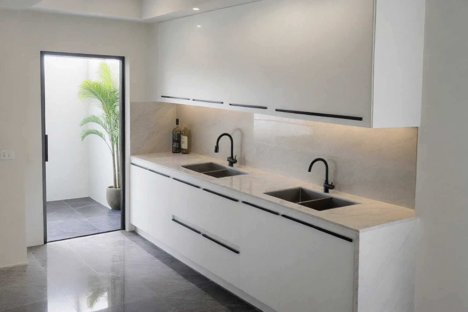 Raw photo,Masterpiece, high quality, best quality, authentic, super detail,
indoors, interior , ((kitchen and dining :1.3)), modern style, daylight, (WHITE WALL),luxury, marble tile floor, fridge, black stone counter top