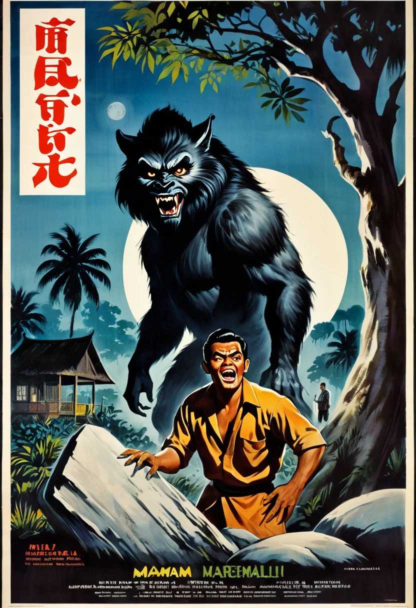 vintage film poster illustration. A vintage movie poster of horror film in 1960's style, title "MALAM" . featuring retro style with a black border around all edges. There is an Malay Man beast face, hairy werewolf hunchback standing under a big tree and hold a white stone. background of a malay village hyper realistic