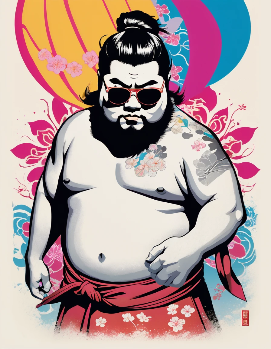 Design a t-shirt featuring a fantasy JAPANESE STYLE illustration of a big sumo japanese with cool sunglasses in position, PAPER LANTERNS, Combine a detailed black and white drawing with vibrant, colorful digital fantasy style featuring the word ( SUMO). Draw inspiration from the intricate and dynamic styles of Dan Mumford, junko mizuno, and Frank Frazetta.negative space