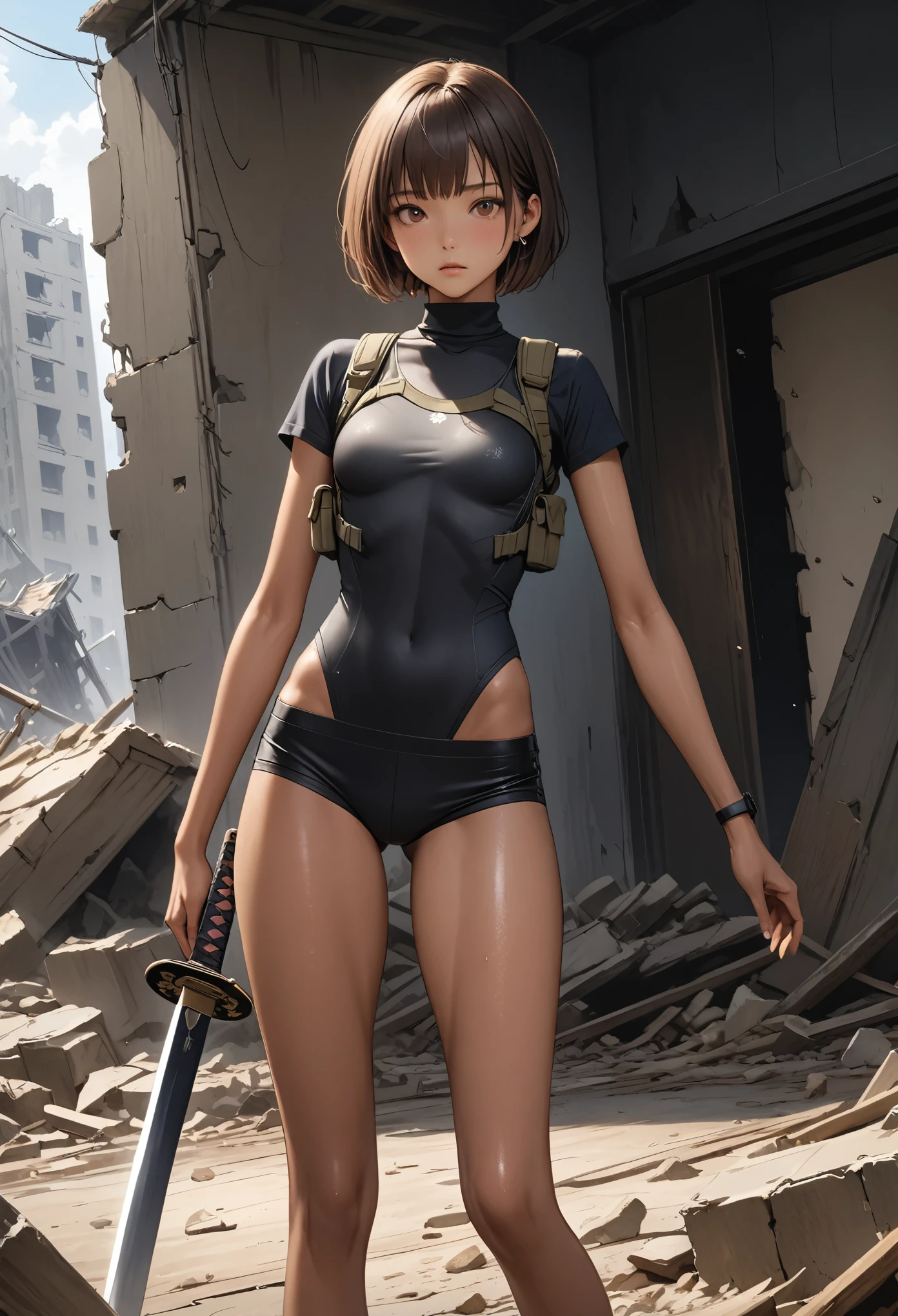 (masterpiece,Highest quality:1.3,best quality illustration,realistic),cowboy shot,1woman,20 year old Japanese beauty,Special Forces Female Soldier、((very small head:1.3)),brown short bob hair,bangs,brown eyes,gorgeous eyes,blush,small breasts,((very long body:1.3)),((toned body,slender body,skinny,tan skin)),(Black turtleneck、Short sleeve、Black tactical vest、Black shorts、Holding an accurately depicted Japanese sword),gleaming skin,shiny skin,sweat,standing,war、Collapsed building、ruins、