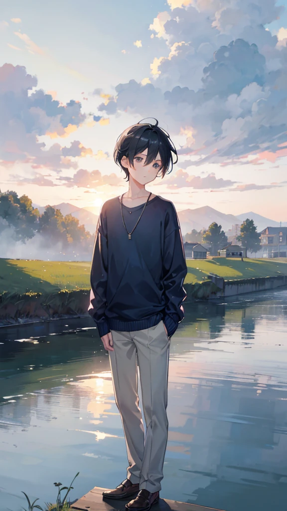 A boy stands on a bridge at dawn。, Looking out over the quiet river. He is wearing a stylish navy blue sweater and khaki pants. Early morning mist gently envelops the surrounding landscape, Emphasise the first rays of sunlight breaking through. background, The sleepy town slowly wakes up