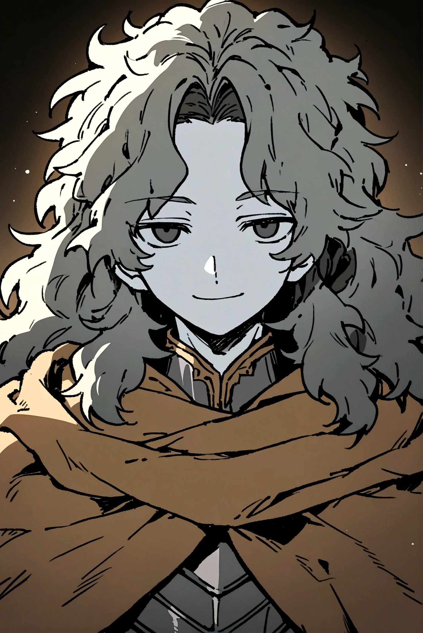 Anime drawing style of an effeminate boy with black semi-long fluffy hair with pale skin and black eyes wearing gray armor with brown cloth while having an innocent smile