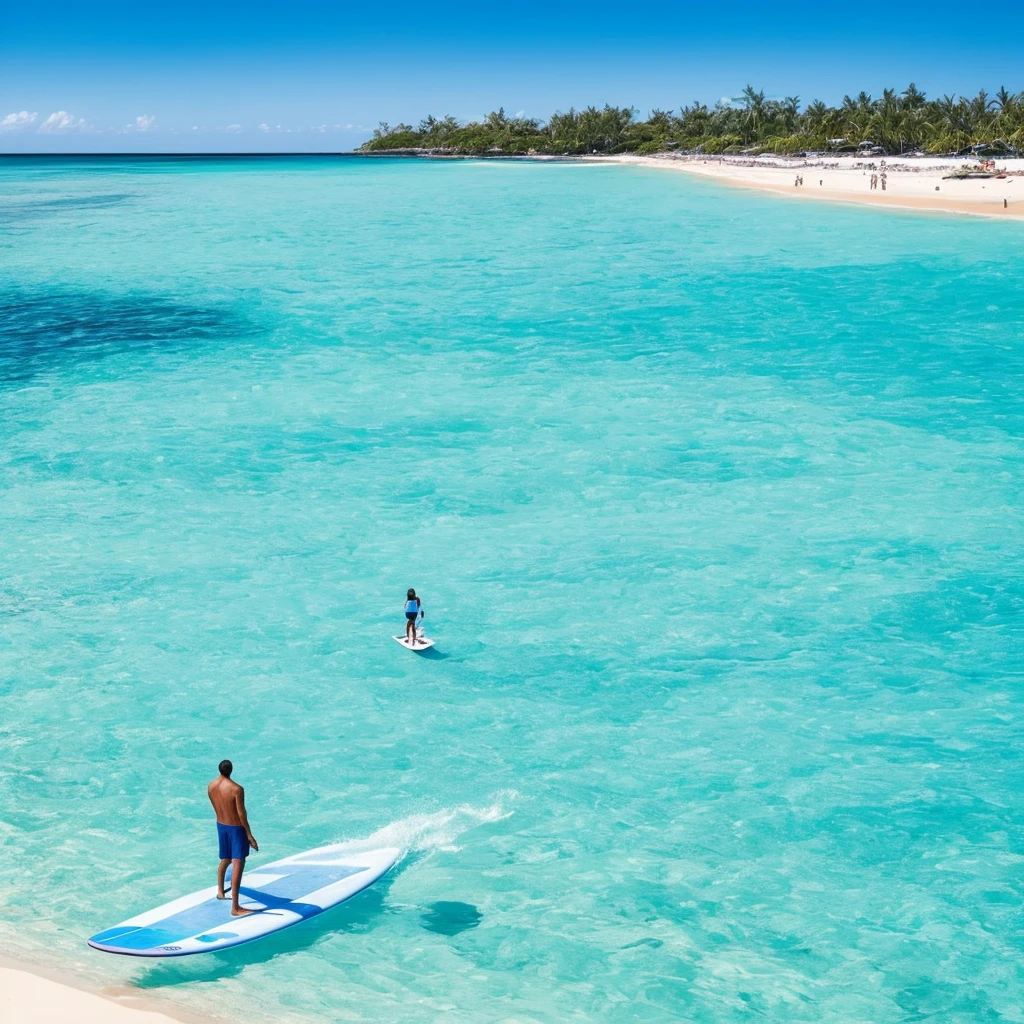 there is a man standing on the beach with a surfboard, carribean turquoise water, blue waters, turquoise water, turquoise ocean, the ocean in the background, a photo of the ocean, azure blue water, ocean in the background, varadero beach, clear blue water, shades of blue, ocean shoreline on the horizon, azure water, hawaii beach